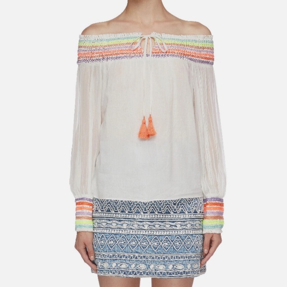 Alice + Olivia Sharyl Rainbow Peasant Embroidered Blouse Off Shldr Top XS $395 - Picture 3 of 12